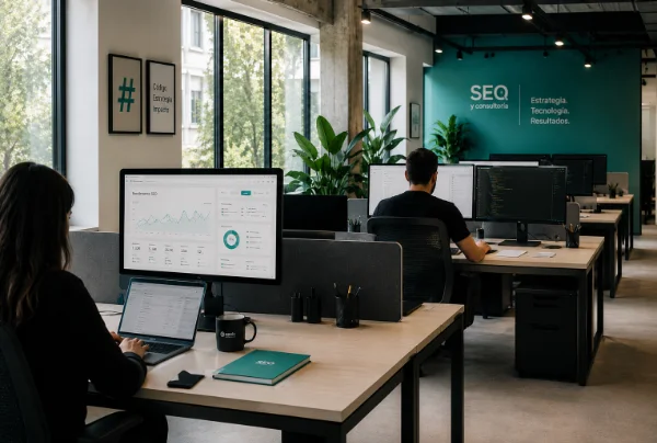 Equipo de consultoría trabajando en una sesión estratégica
